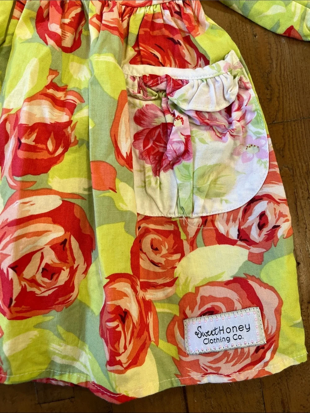SweetHoney OG red rose print green dress 2T boutique floral Cottagecore